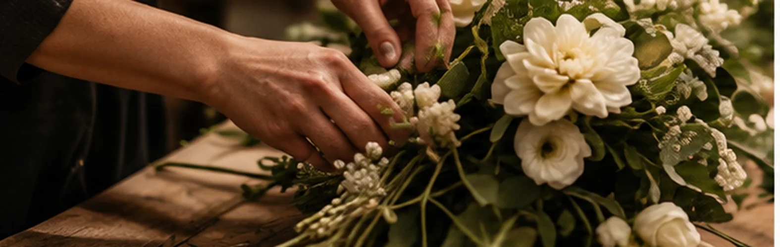A florist preparing white flowers and greenery for an event.