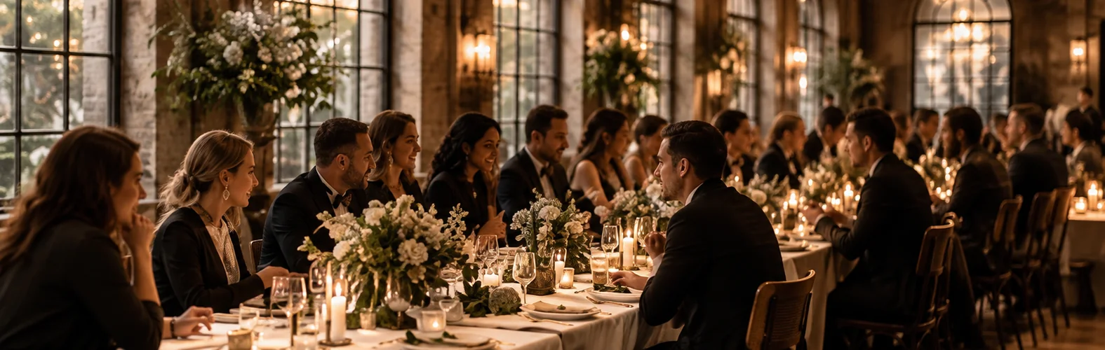 Guests gathered around a warmly lit dinner table at an event.
