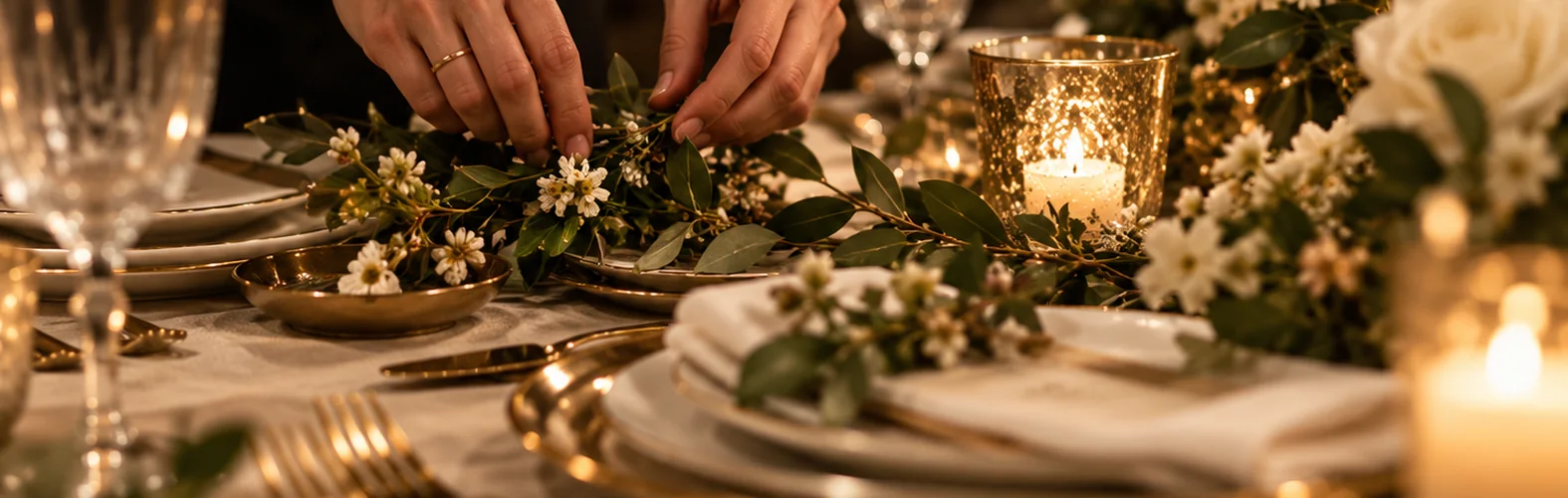 Hands arranging greenery and flowers across an elegant table setting.