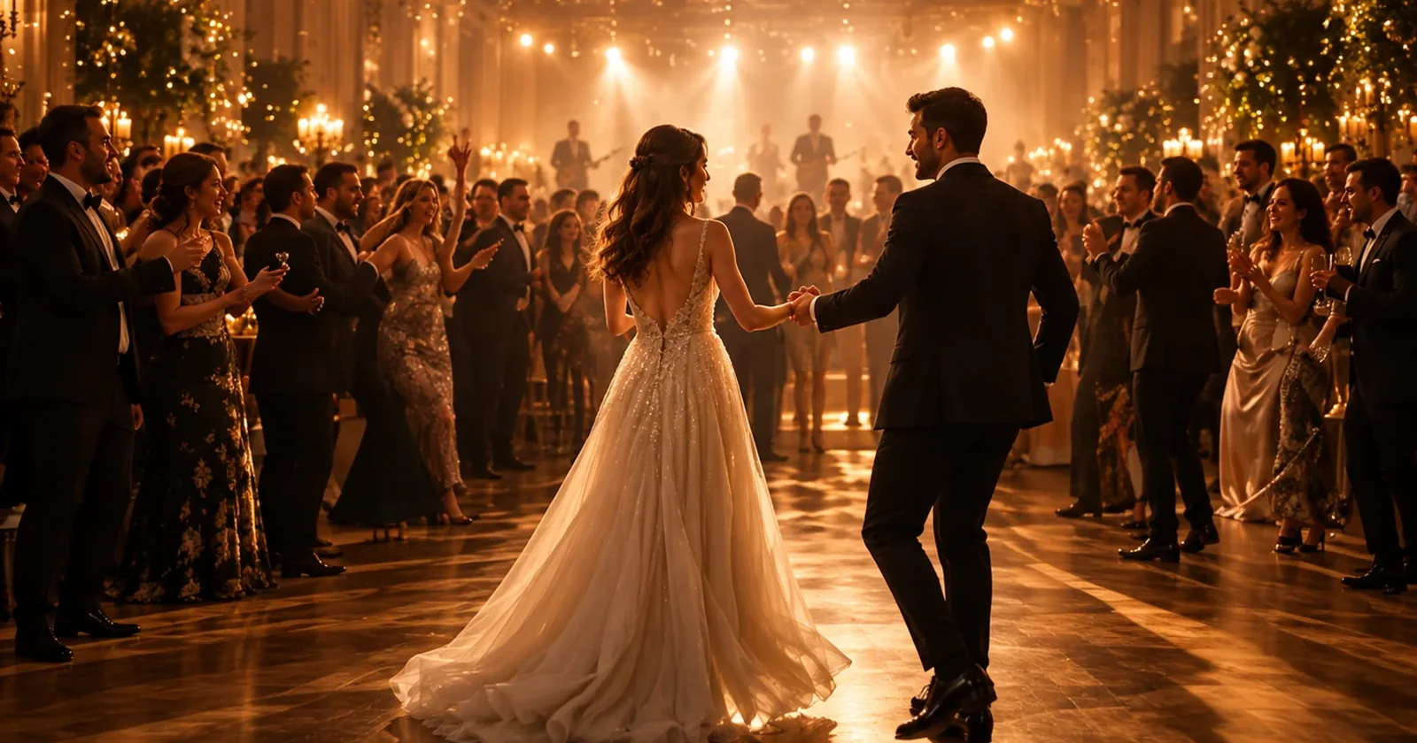 Bride and groom dancing together during a warmly lit wedding reception.