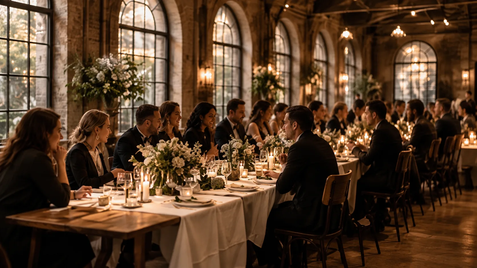 Guests gathered around a candlelit table at an evening event.
