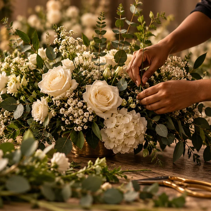 White floral arrangement being carefully prepared by hand.