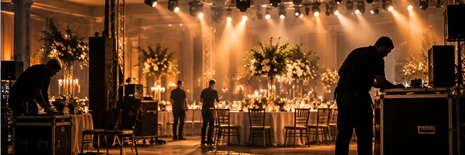 Event production crew preparing lighting, staging and technical equipment.