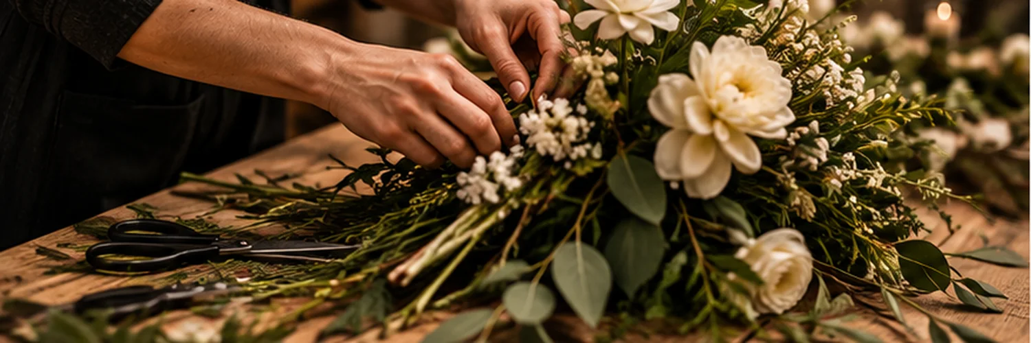 A florist arranging white flowers and greenery for event styling.